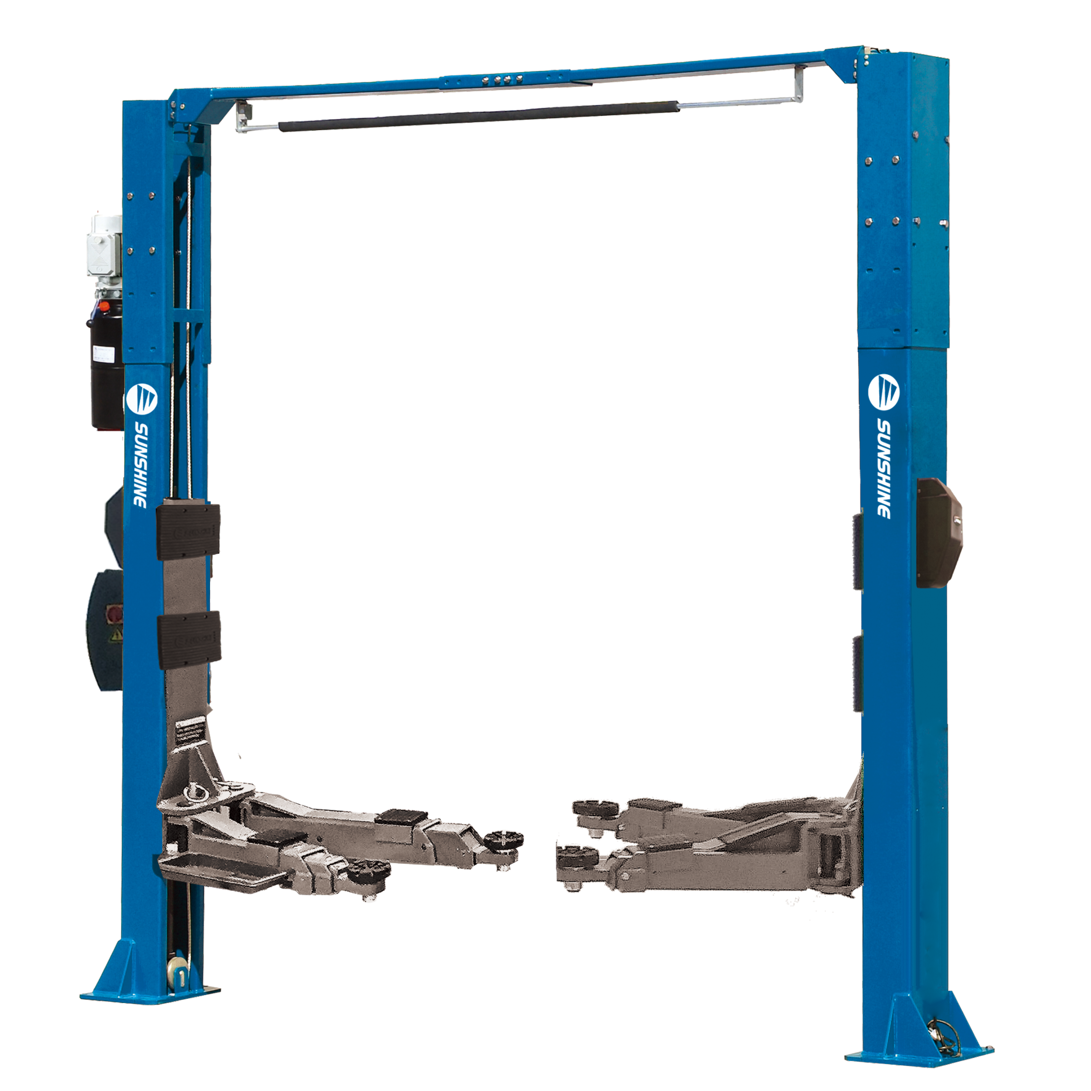 Robuste und hochwertige Zweiständer-Hebebühne mit elektrischer Entriegelung und erweiterter Breite bis 4250 mm, für sicheres Anheben großer Fahrzeuge. Stahlseil mit 11 mm Durchmesser, CE-zertifiziert nach höchsten Sicherheitsstandards. Sunshine Austria