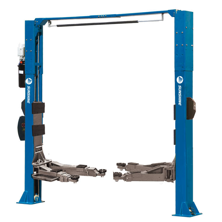Robuste und hochwertige Zweiständer-Hebebühne mit elektrischer Entriegelung und erweiterter Breite bis 4250 mm, für sicheres Anheben großer Fahrzeuge. Stahlseil mit 11 mm Durchmesser, CE-zertifiziert nach höchsten Sicherheitsstandards. Sunshine Austria